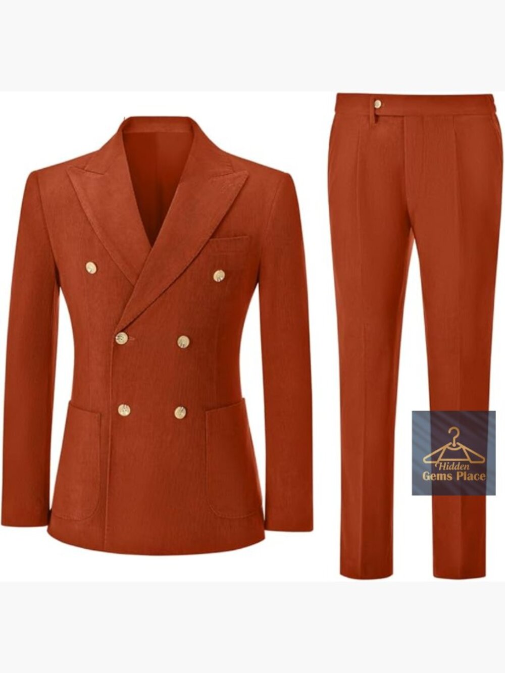 Vintage 2 Piece Corduroy Suit Slim Fit Double Breasted Blazer Pants Set Formal